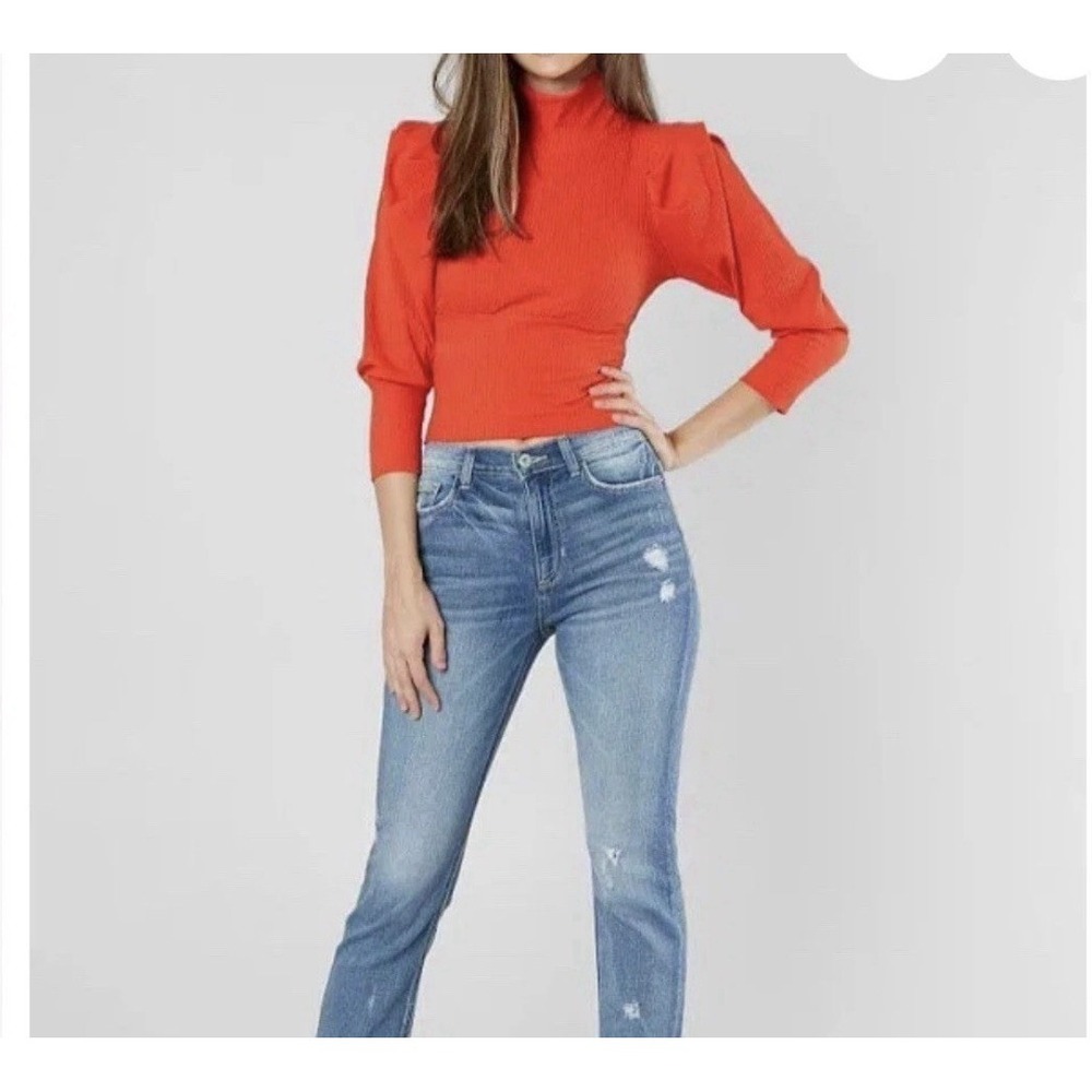 Free People Red Ribbed Puff Sleeve Top M Balletcore Romantic Mock Neck Indie